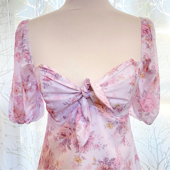 SOFIA THE LABEL white pink floral print GG tie front puffy sleeve mini dress - Picture 4 of 12